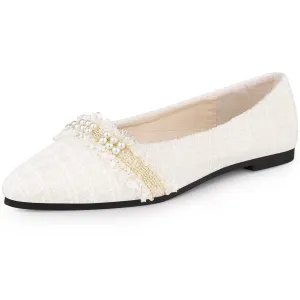 Pearl Decor Pointy Toe Tweed Plaid Flat Pumps for Women