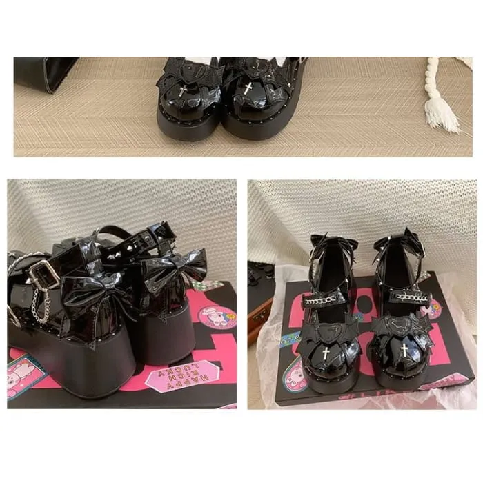 Platform Heart Bow Studded Ankle Strap Patent Leather Mary Jane Shoes