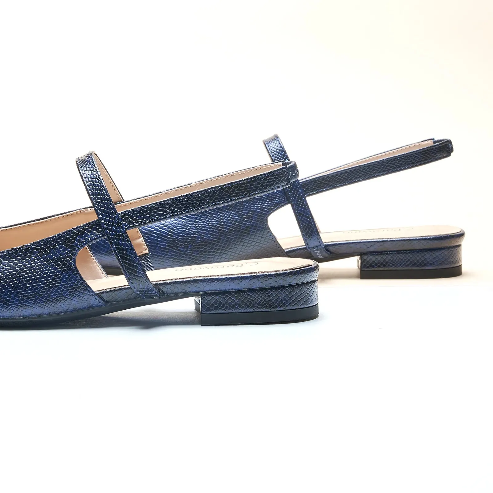 Pointed Toe Snakeskin Slingback Flats (Freya) Navy Snake
