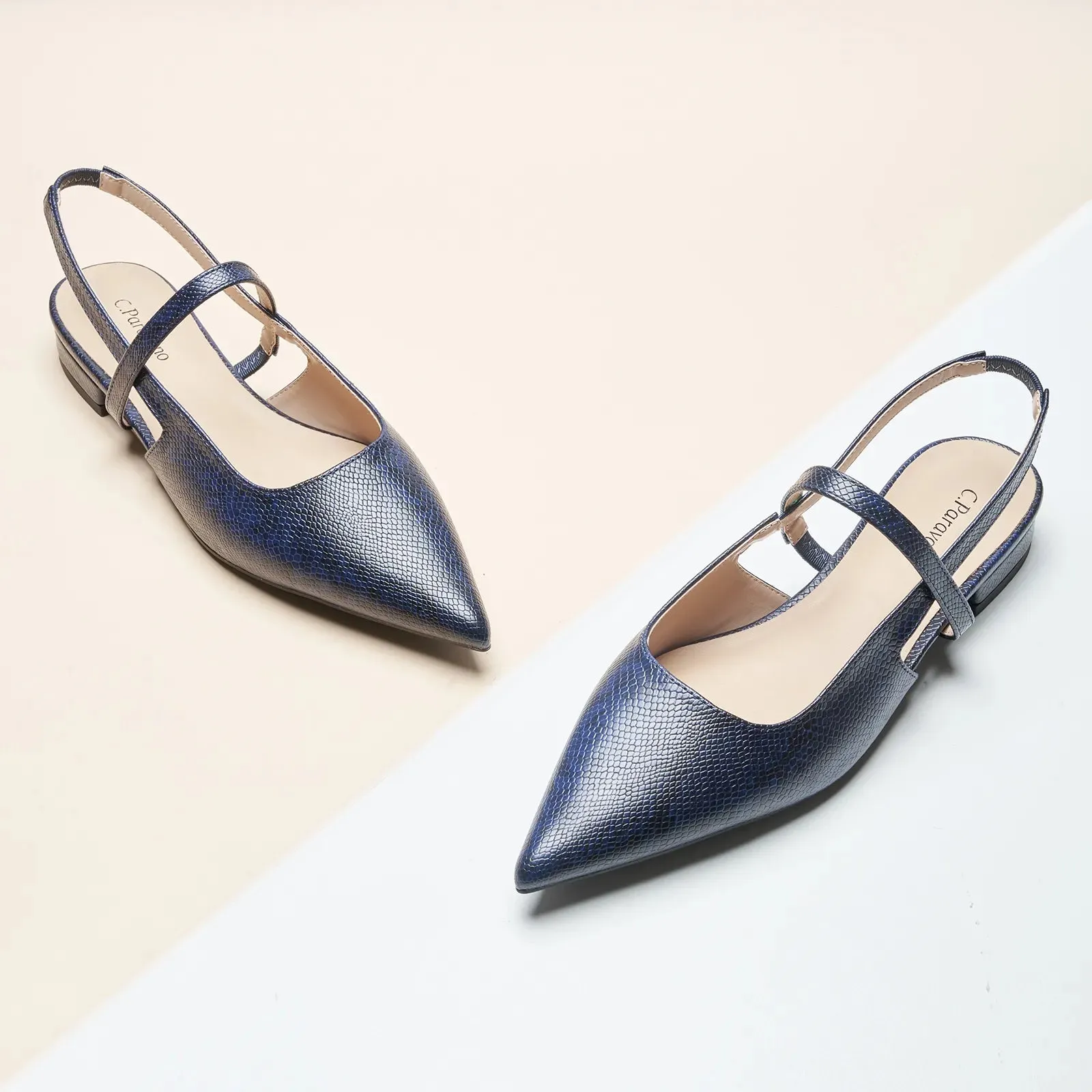 Pointed Toe Snakeskin Slingback Flats (Freya) Navy Snake