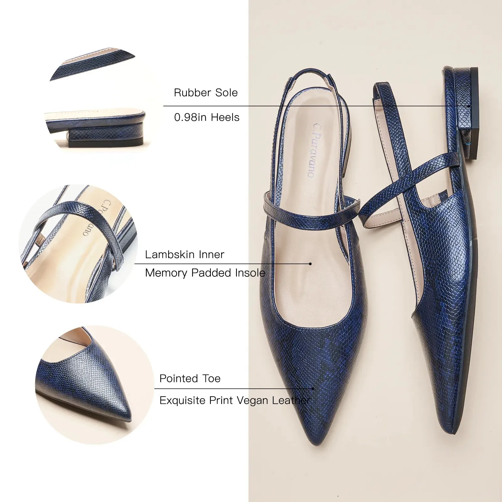 Pointed Toe Snakeskin Slingback Flats (Freya) Navy Snake