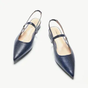Pointed Toe Snakeskin Slingback Flats (Freya) Navy Snake