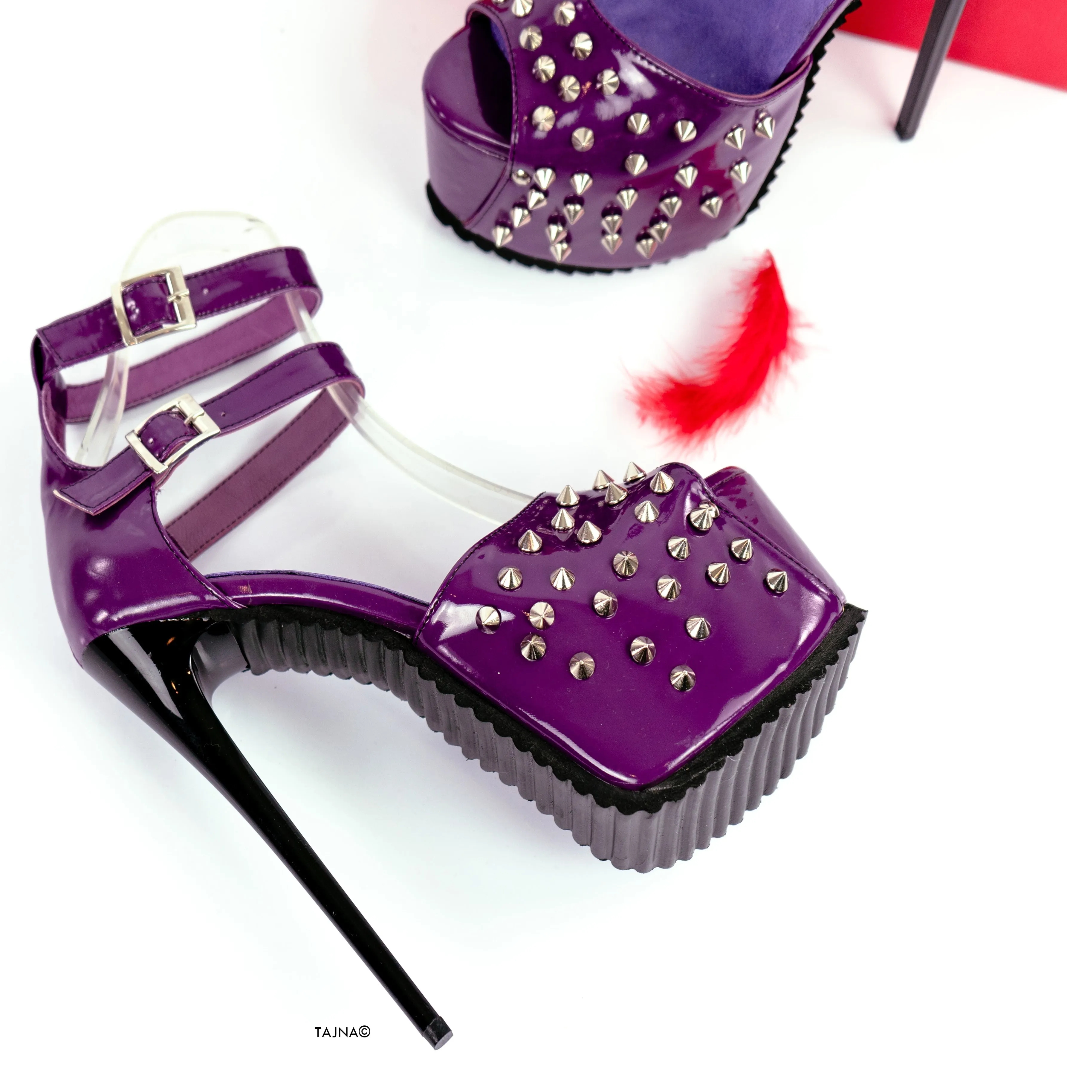 Purple Gloss Spike Studs Double Strap Heels