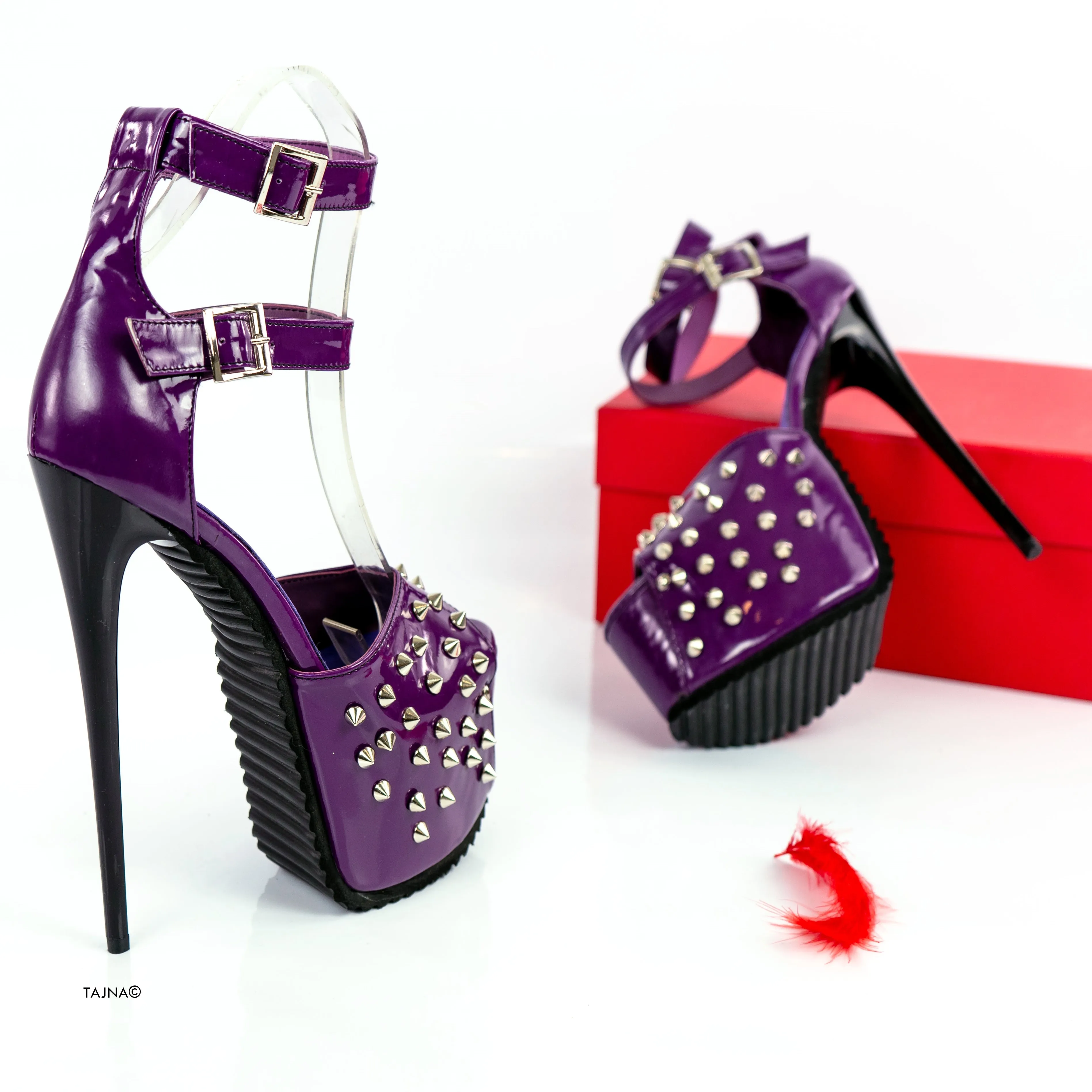Purple Gloss Spike Studs Double Strap Heels