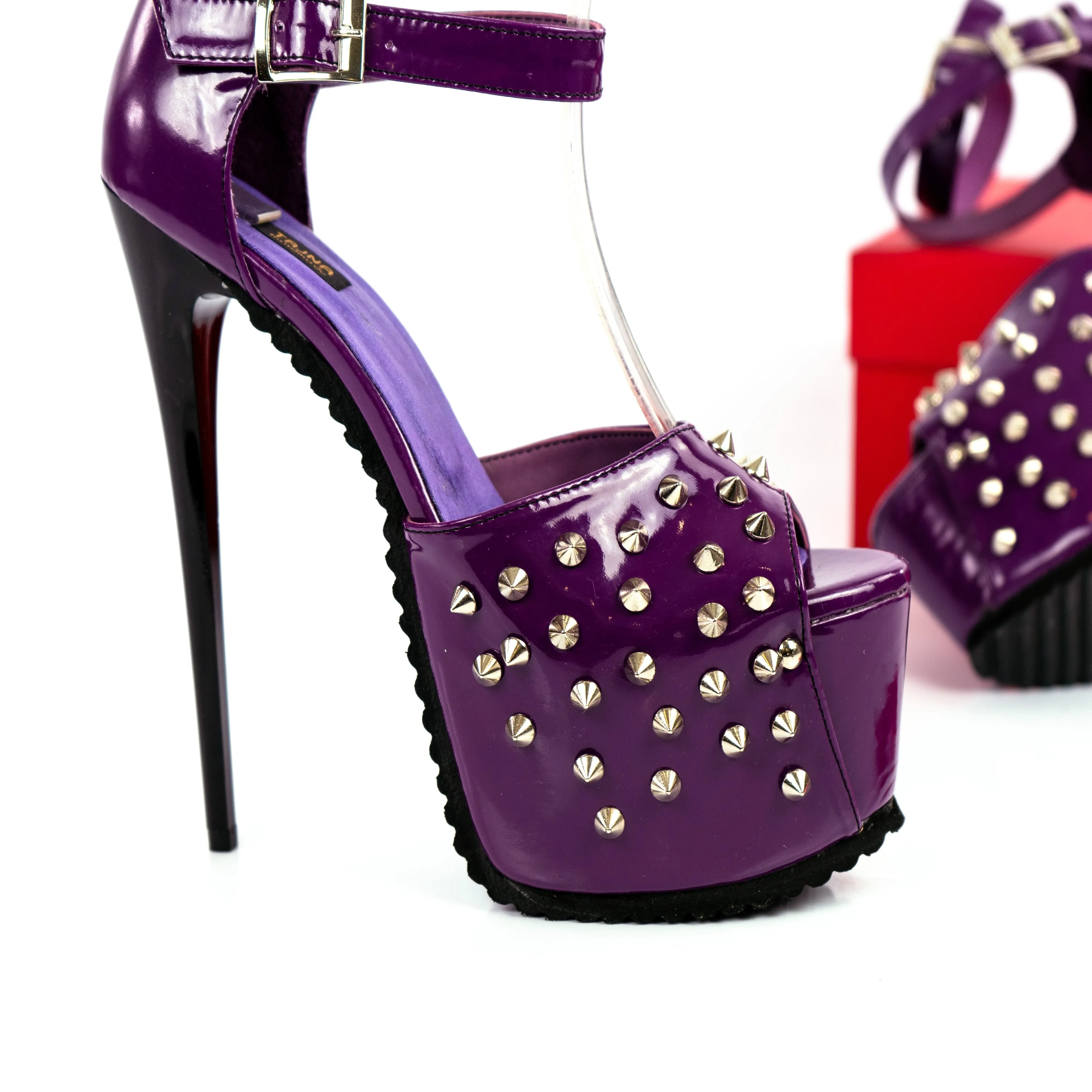 Purple Gloss Spike Studs Double Strap Heels