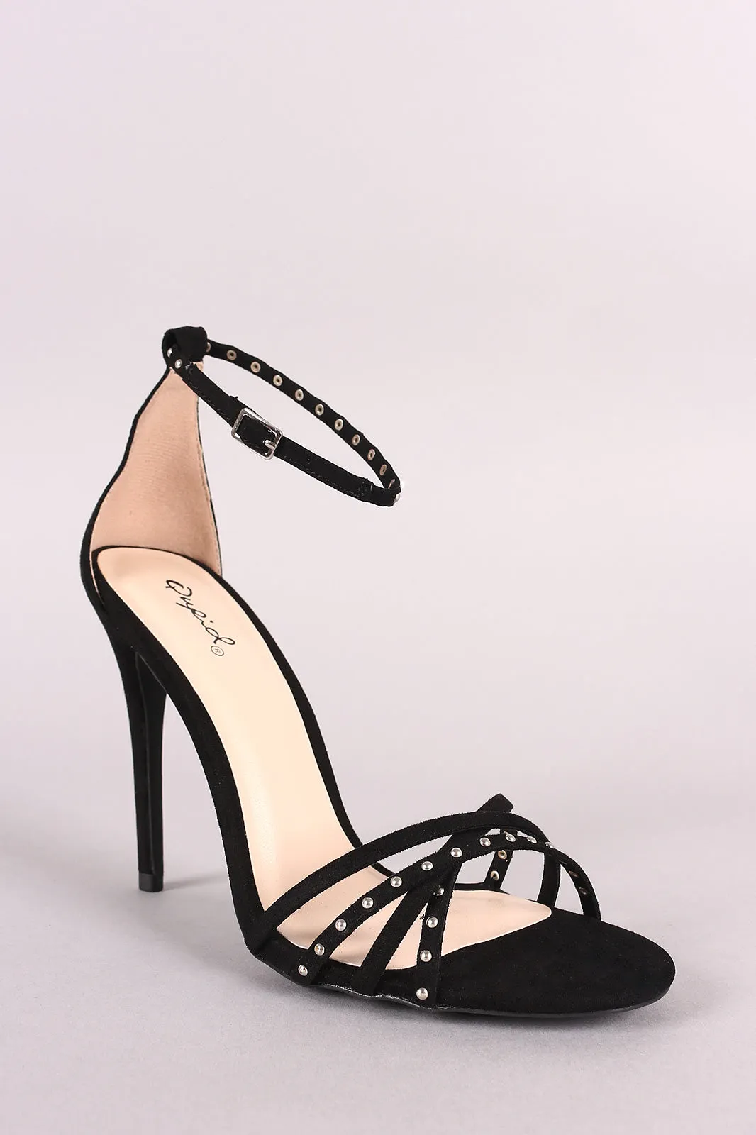 Qupid Studded Strappy Open Toe Ankle Strap Heel