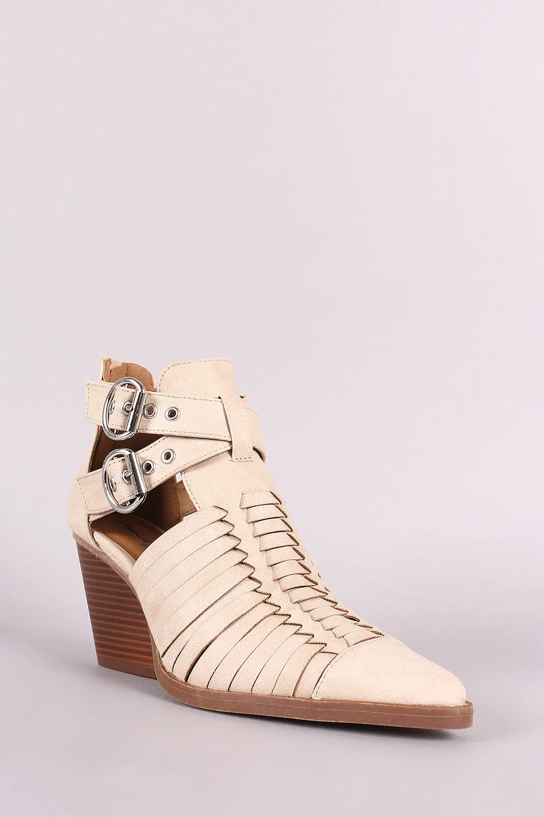 Qupid Woven Crisscross Buckle strap Pointy Toe Booties