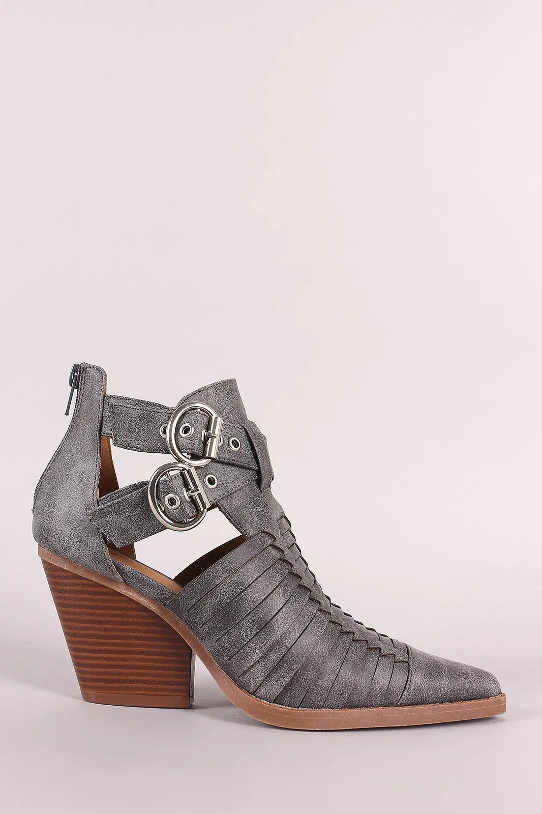 Qupid Woven Crisscross Buckle strap Pointy Toe Booties