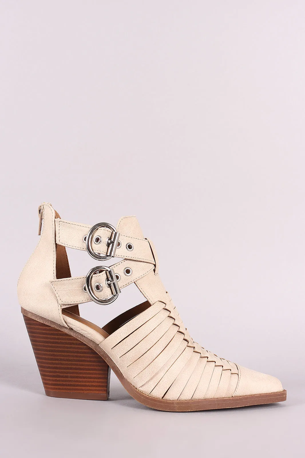 Qupid Woven Crisscross Buckle strap Pointy Toe Booties