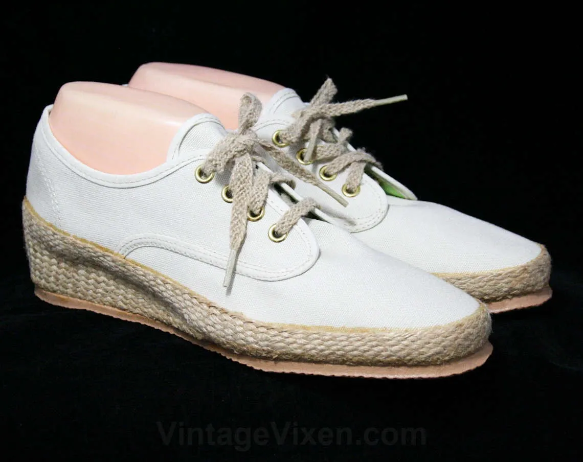 Size 10 Vintage Sneakers - Classic Large Size Ecru Shoes - 80s Casual Beige Shoe - Cream Canvas - Woven Jute - 10N - Deadstock - 44178-2