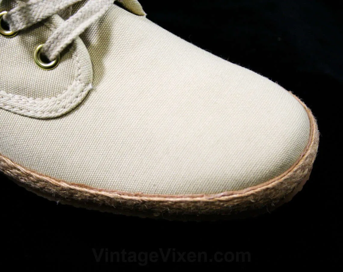 Size 10 Vintage Sneakers - Classic Large Size Ecru Shoes - 80s Casual Beige Shoe - Cream Canvas - Woven Jute - 10N - Deadstock - 44178-2