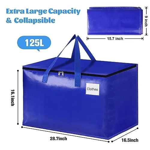 SpaceHacks 4 Pack-125L Heavy Duty Moving Bags, Moving Boxes with Reinforced Handles ＆ Premium Zippers, Storage Totes for Space Saving, Packing ＆ Moving Storage