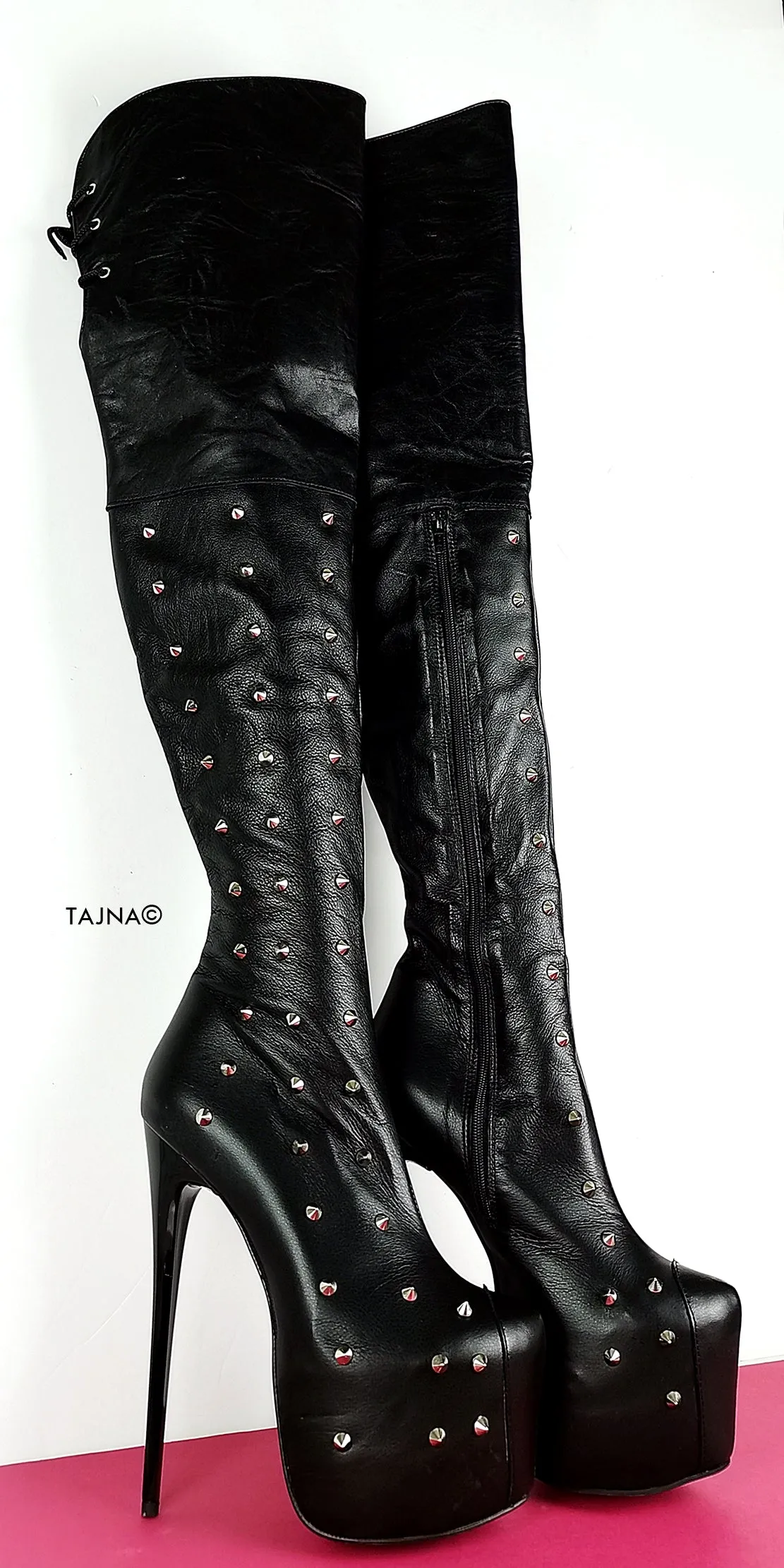 Studded Genuine Leather Black Knee High Boots