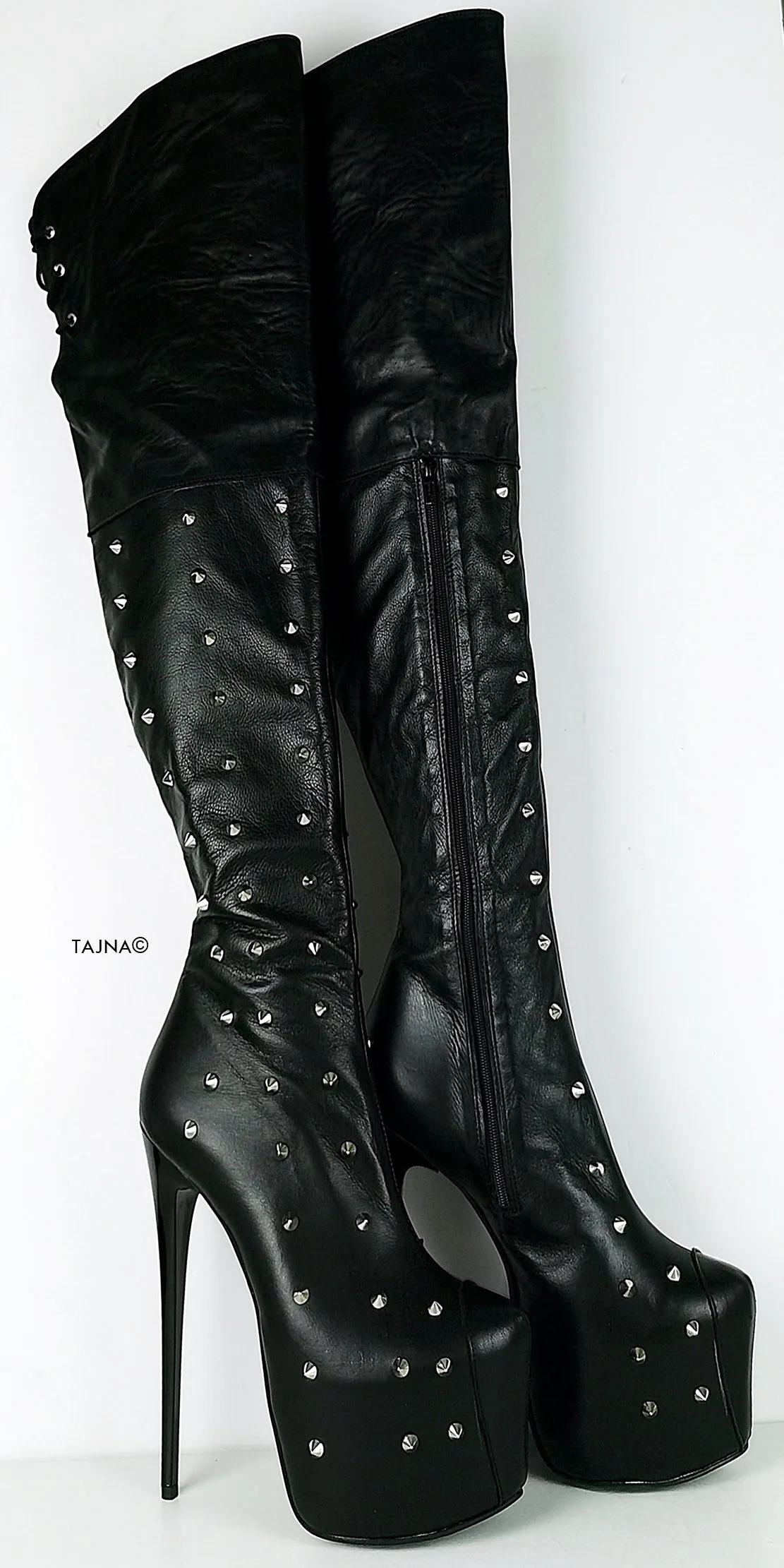 Studded Genuine Leather Black Knee High Boots