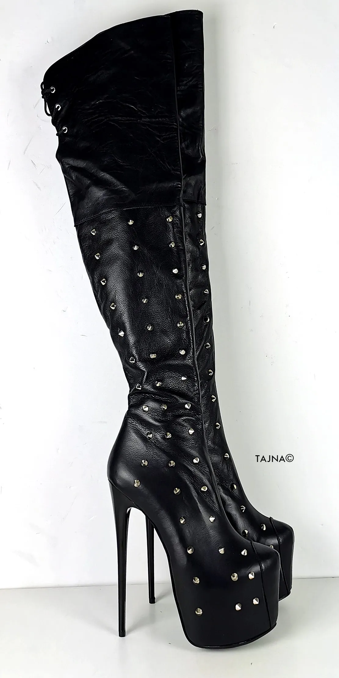 Studded Genuine Leather Black Knee High Boots