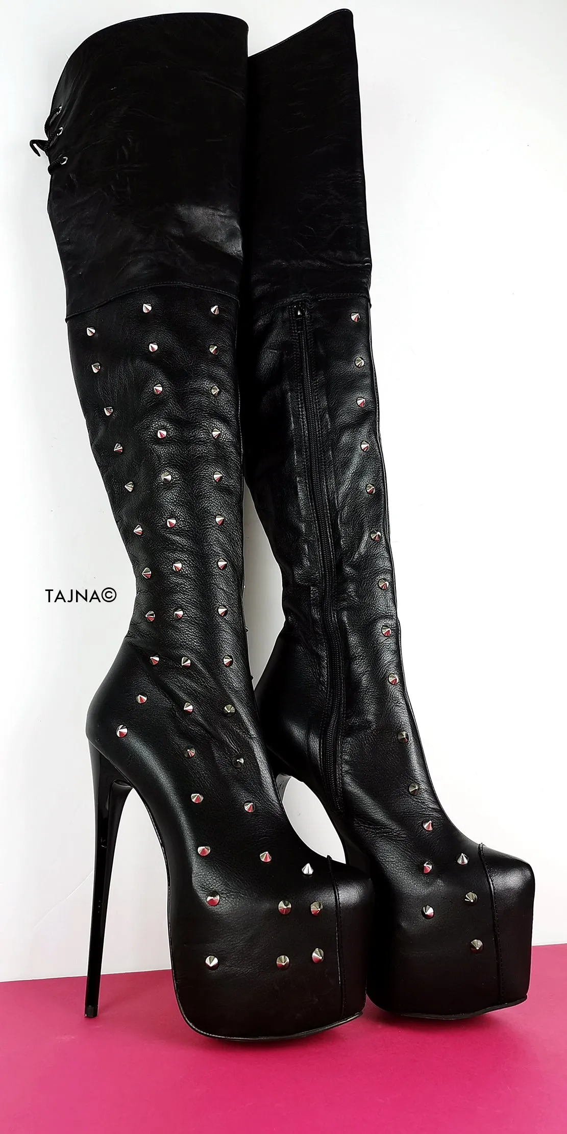 Studded Genuine Leather Black Knee High Boots