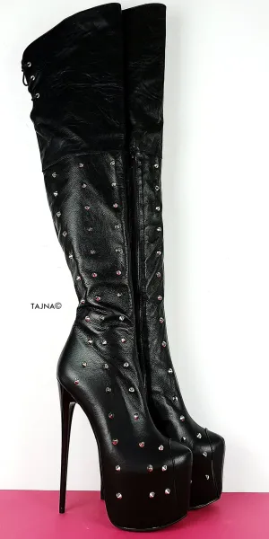 Studded Genuine Leather Black Knee High Boots