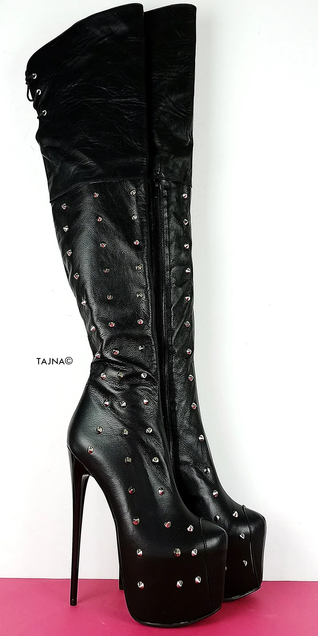 Studded Genuine Leather Black Knee High Boots