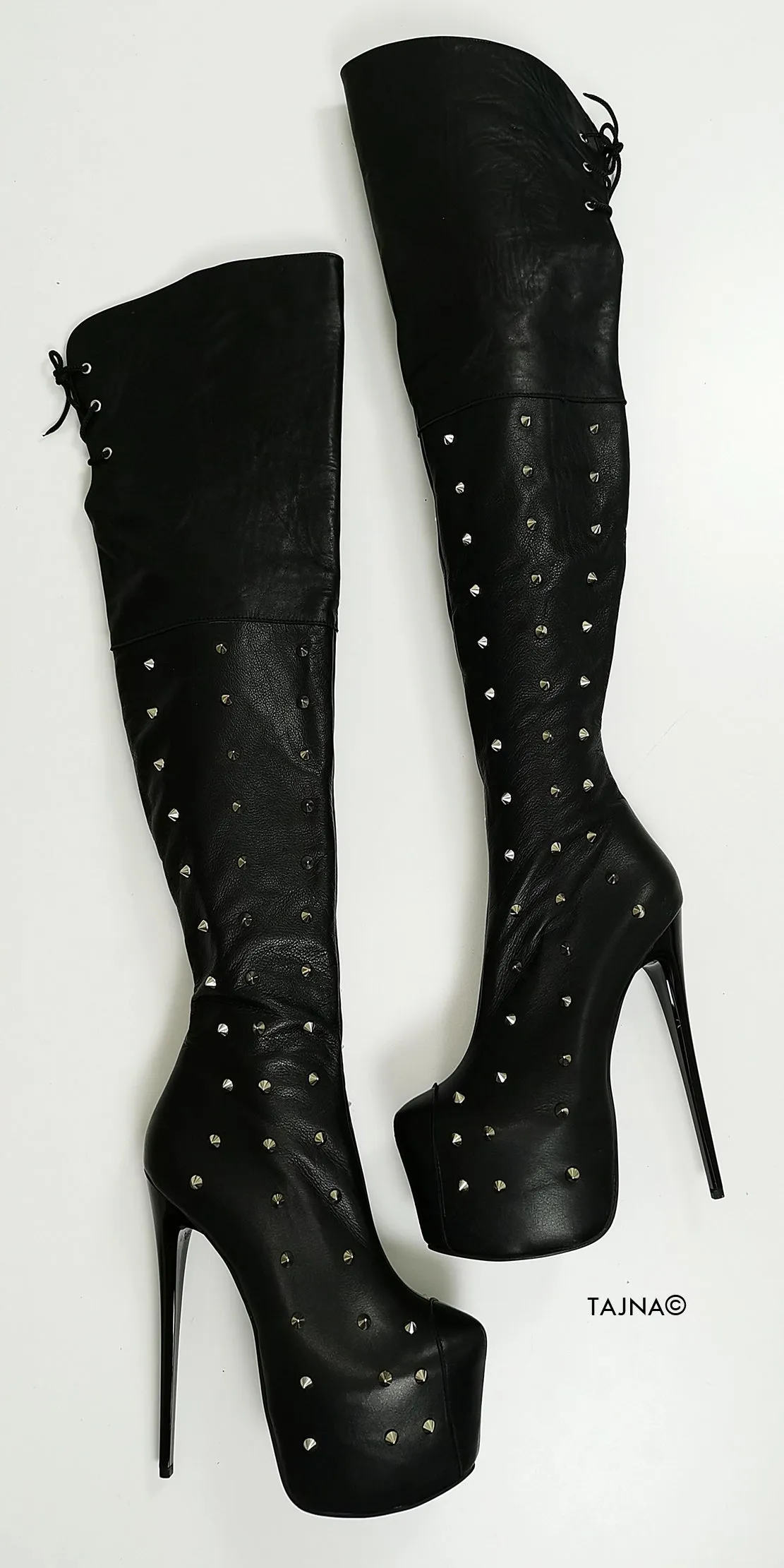 Studded Genuine Leather Black Knee High Boots