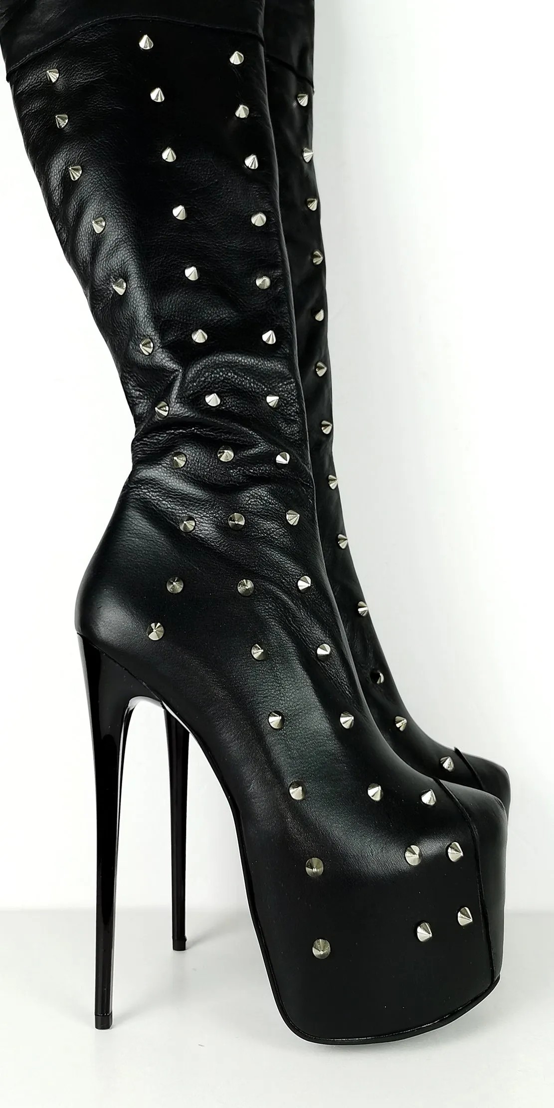Studded Genuine Leather Black Knee High Boots