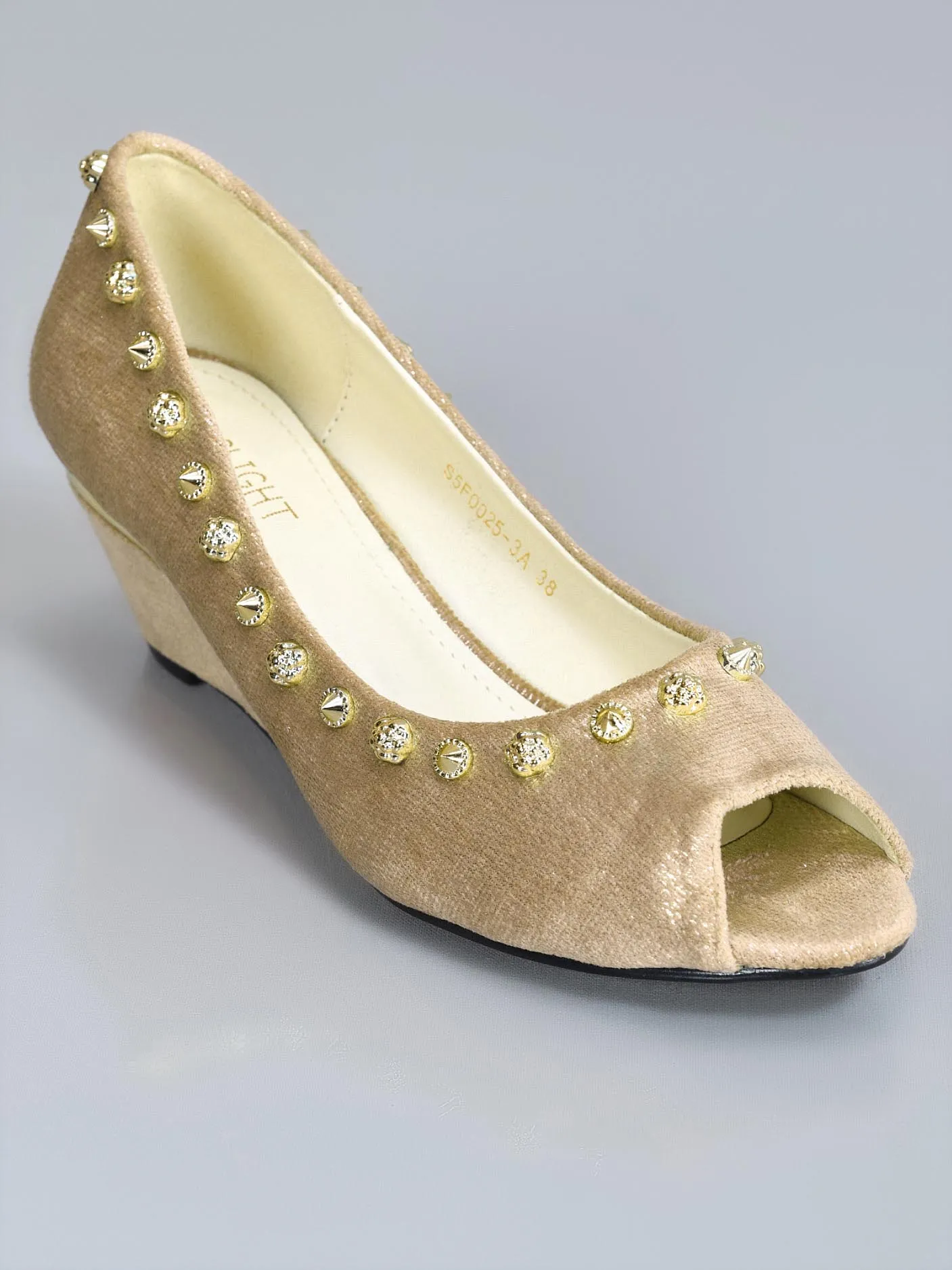 Studded Peep Toe Wedges - Beige