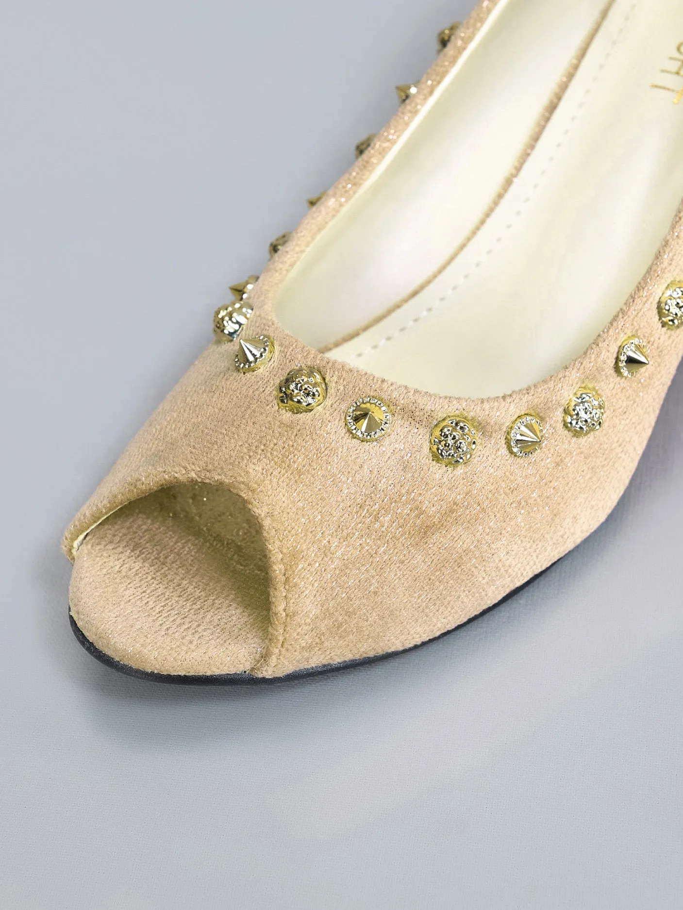 Studded Peep Toe Wedges - Beige