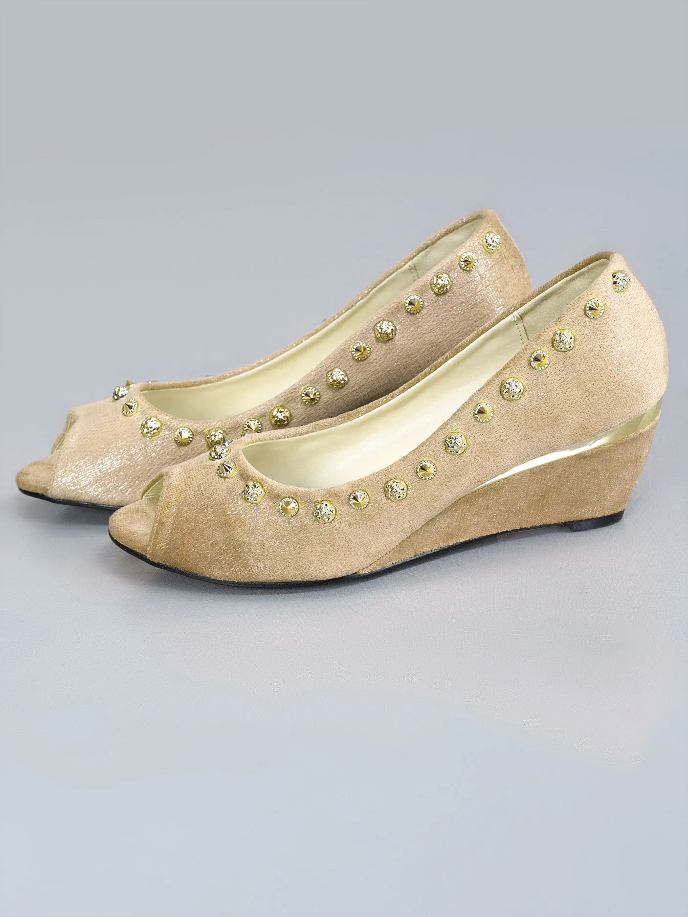 Studded Peep Toe Wedges - Beige