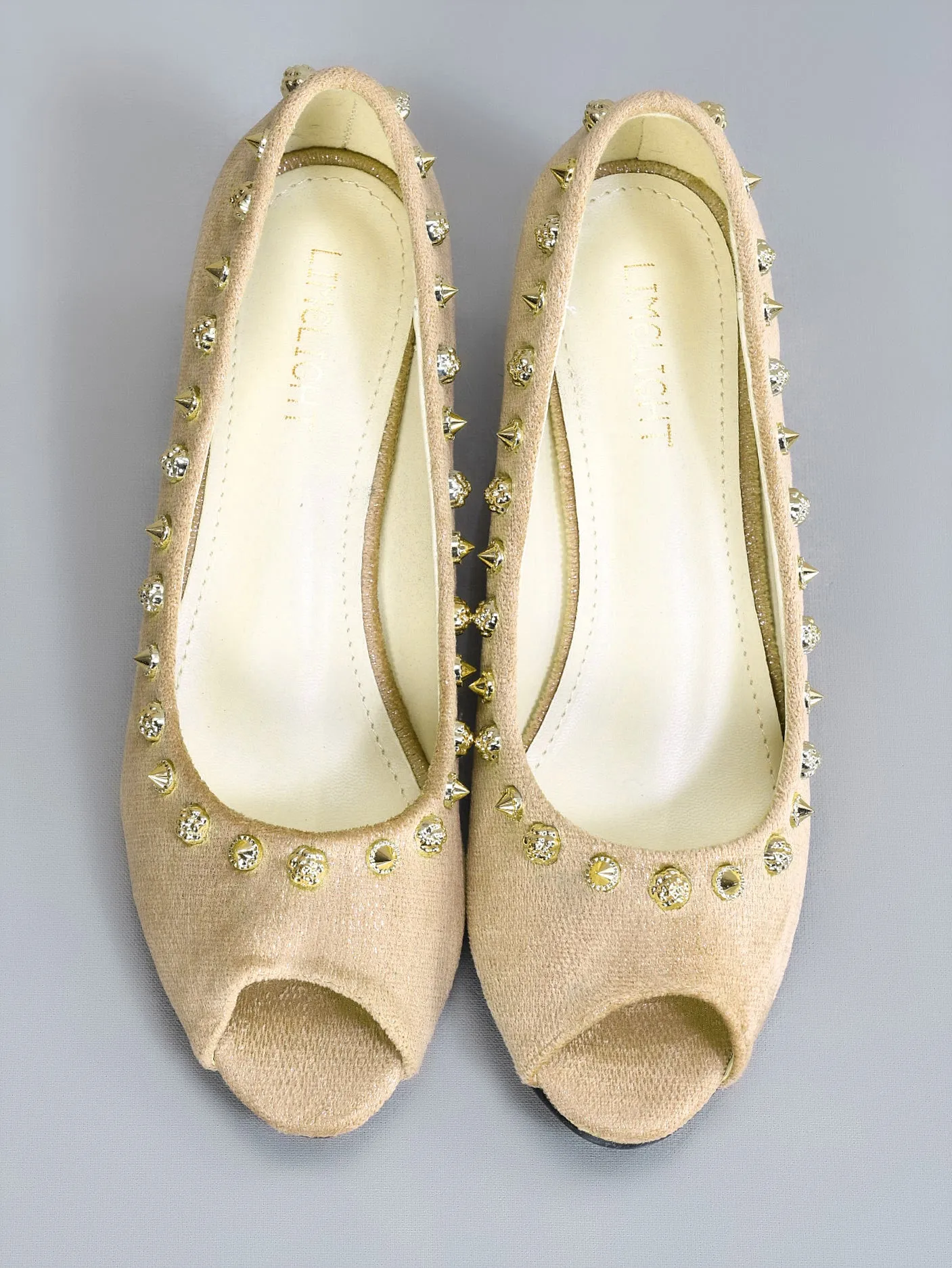 Studded Peep Toe Wedges - Beige