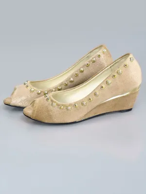 Studded Peep Toe Wedges - Beige