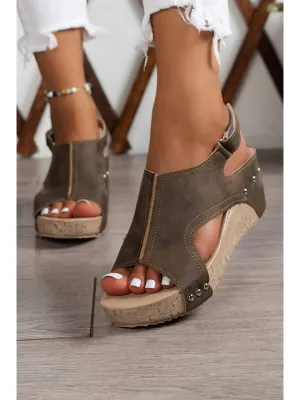 Suede Patched Studded Cut Out Wedge Sandals