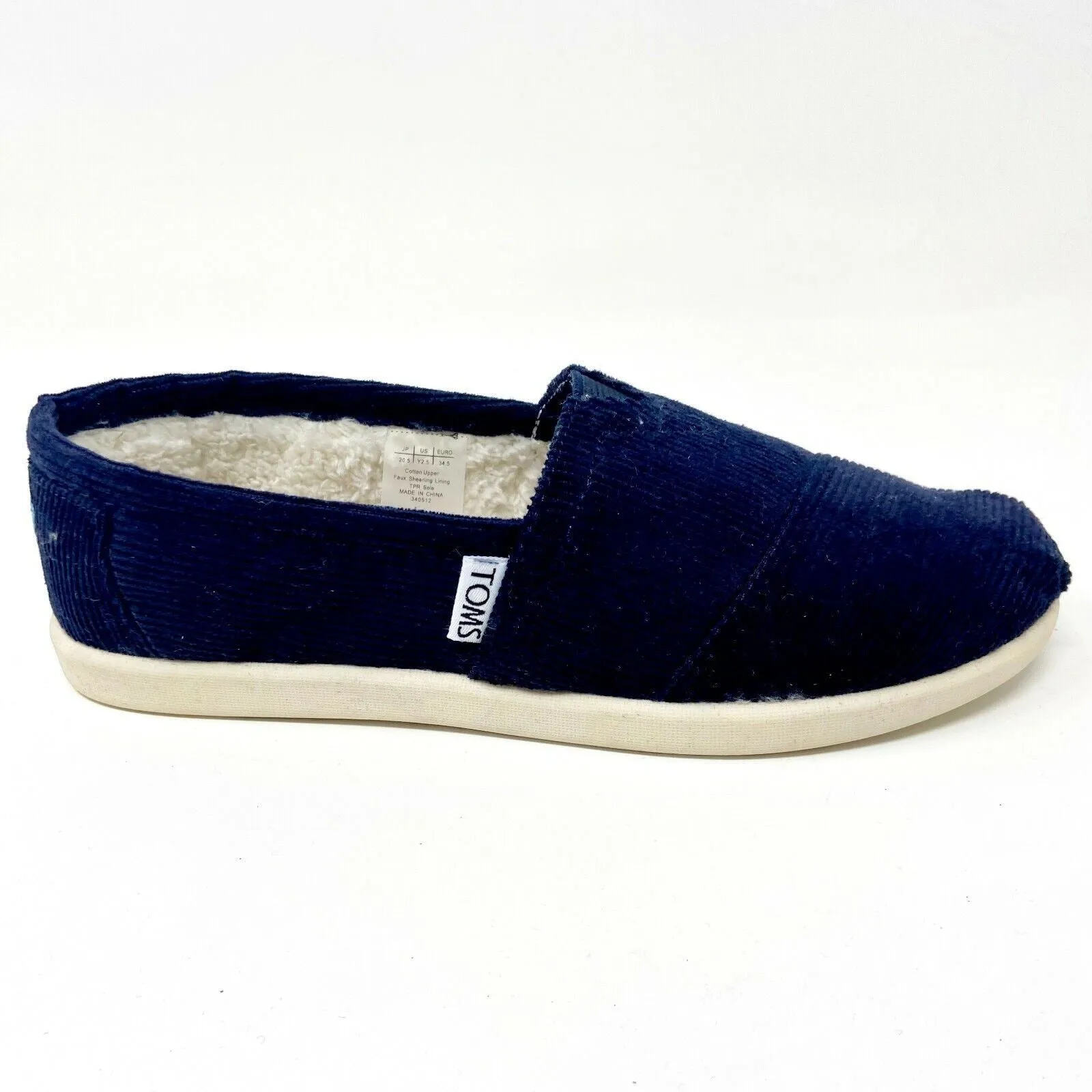 Toms Classics Navy Corduroy Fur Youth Slip On Casual Canvas Flat Shoes