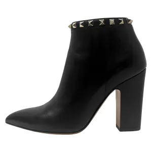 Valentino Garavani Rockstud Black Leather Studded Pointed Block Heel Ankle Boots Size EU 37.5