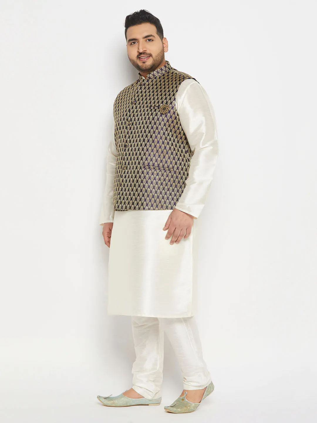VASTRAMAY Blue Ethnic Jacket with Cream Kurta