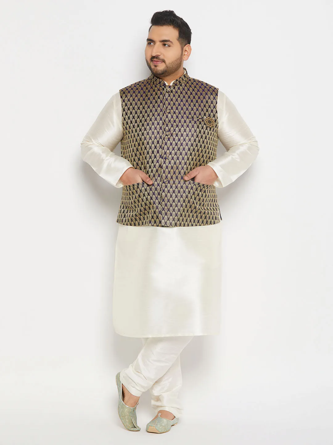 VASTRAMAY Blue Ethnic Jacket with Cream Kurta