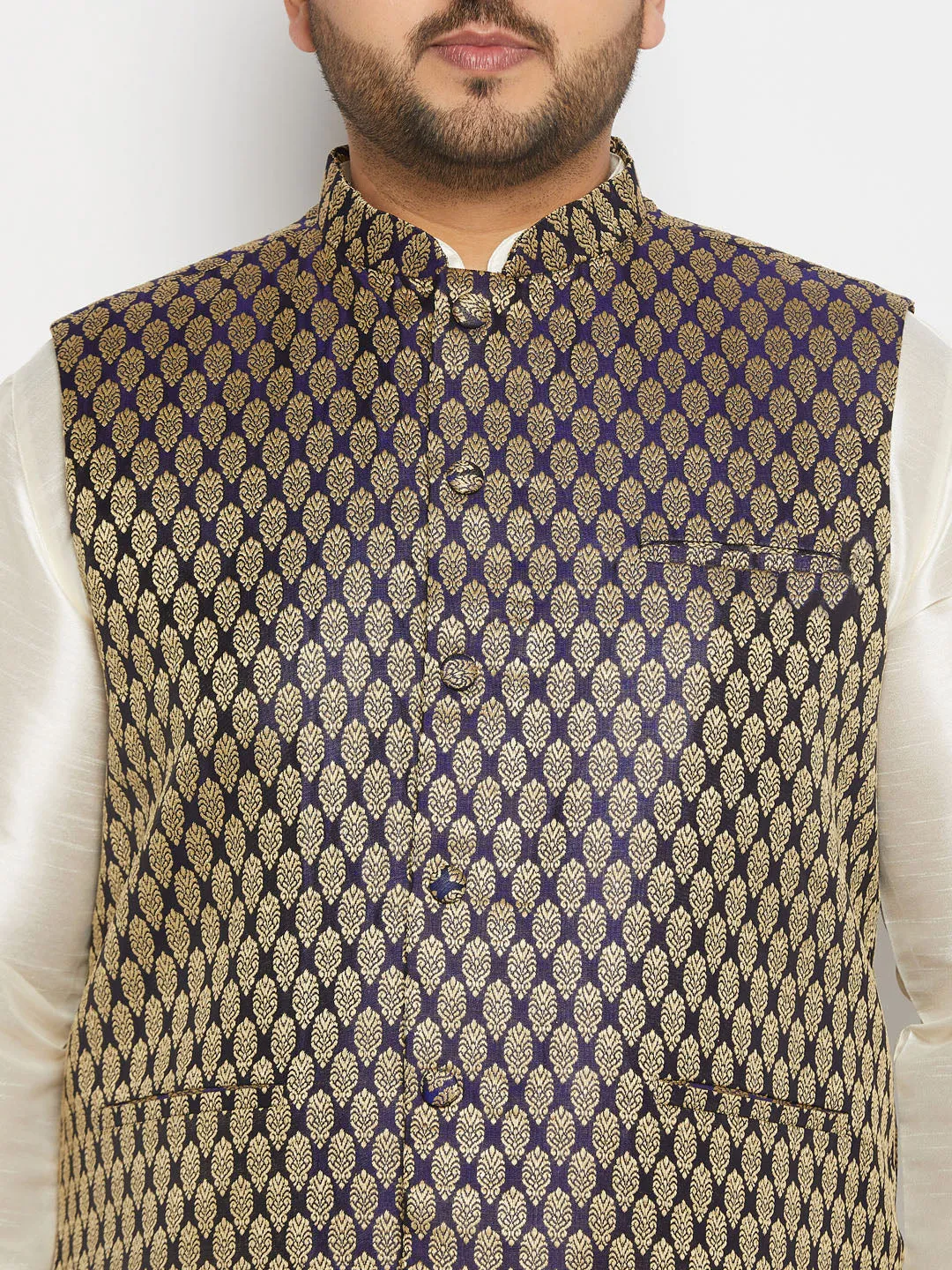 VASTRAMAY Blue Ethnic Jacket with Cream Kurta