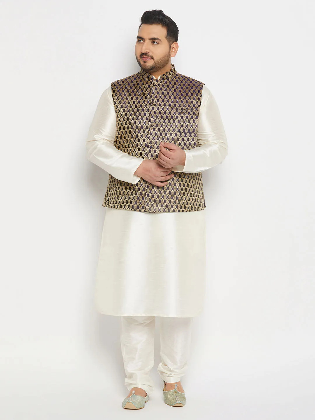 VASTRAMAY Blue Ethnic Jacket with Cream Kurta