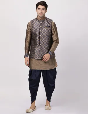 VASTRAMAY Men's Navy Blue Woven Nehru Jacket With Kurta Dhoti Set