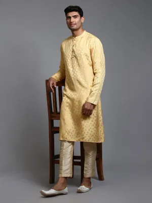 VASTRAMAY Men's Yellow Jacquard Kurta Set