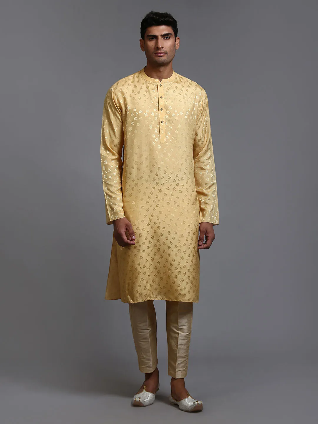 VASTRAMAY Men's Yellow Jacquard Kurta Set
