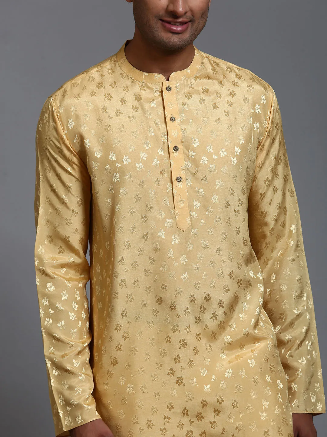VASTRAMAY Men's Yellow Jacquard Kurta Set
