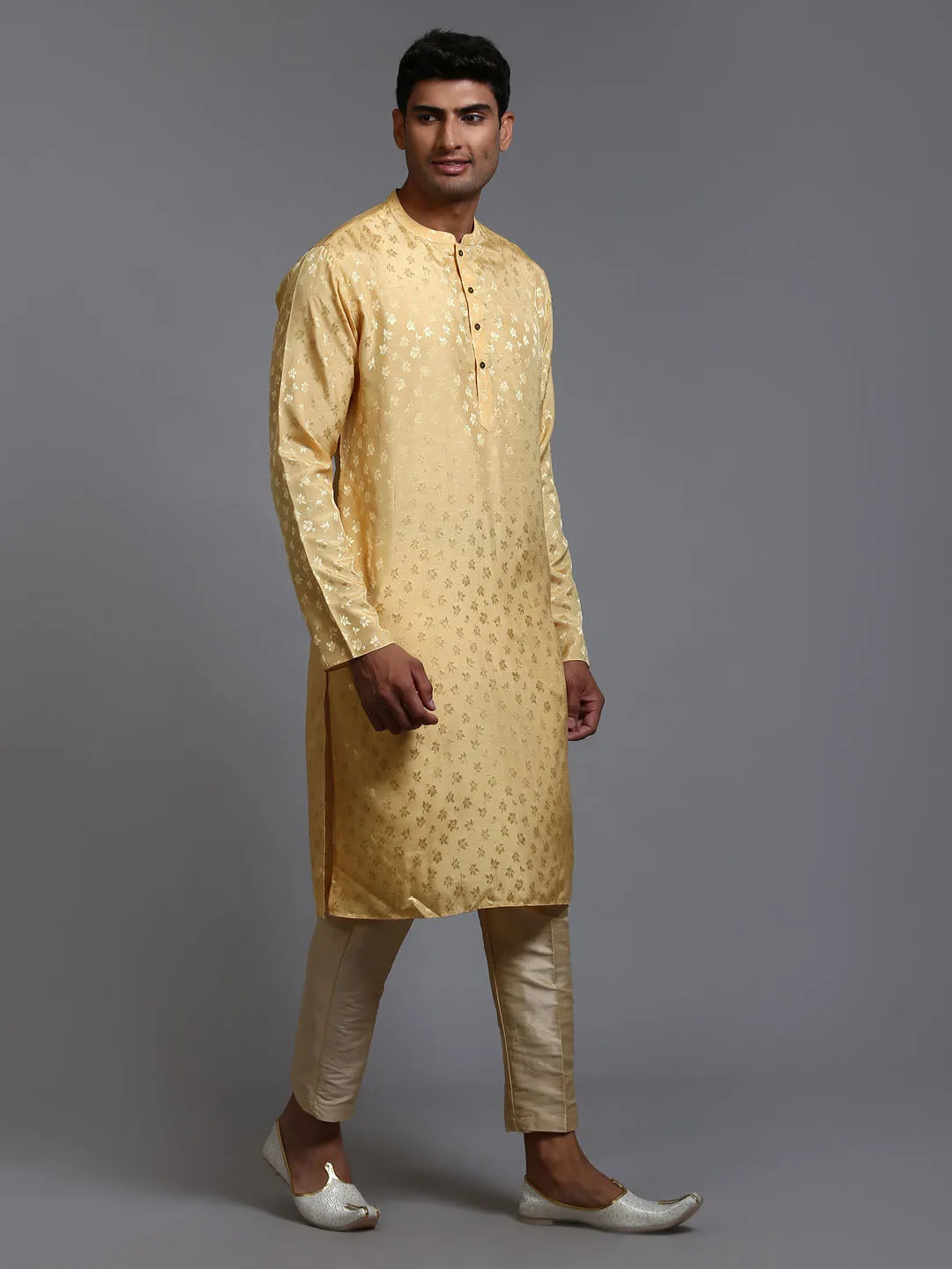 VASTRAMAY Men's Yellow Jacquard Kurta Set