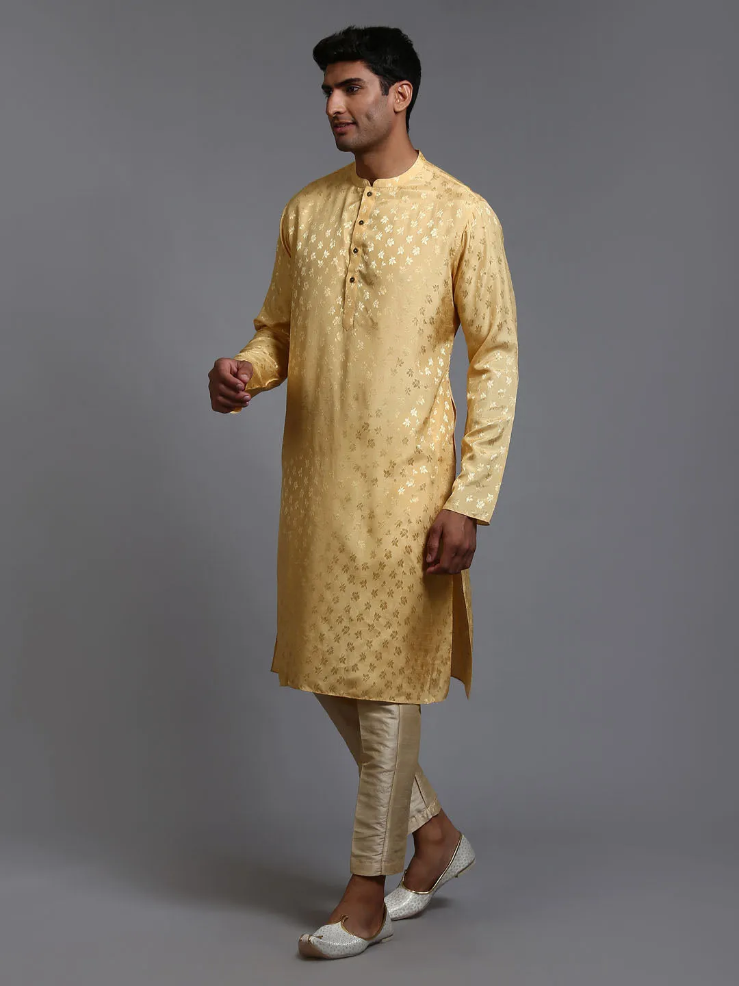 VASTRAMAY Men's Yellow Jacquard Kurta Set