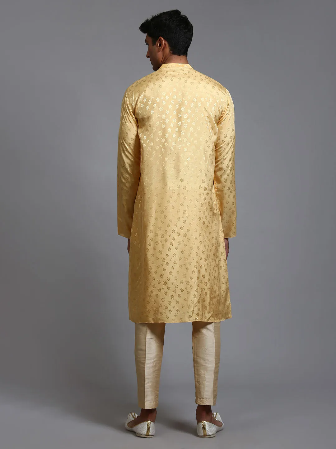 VASTRAMAY Men's Yellow Jacquard Kurta Set