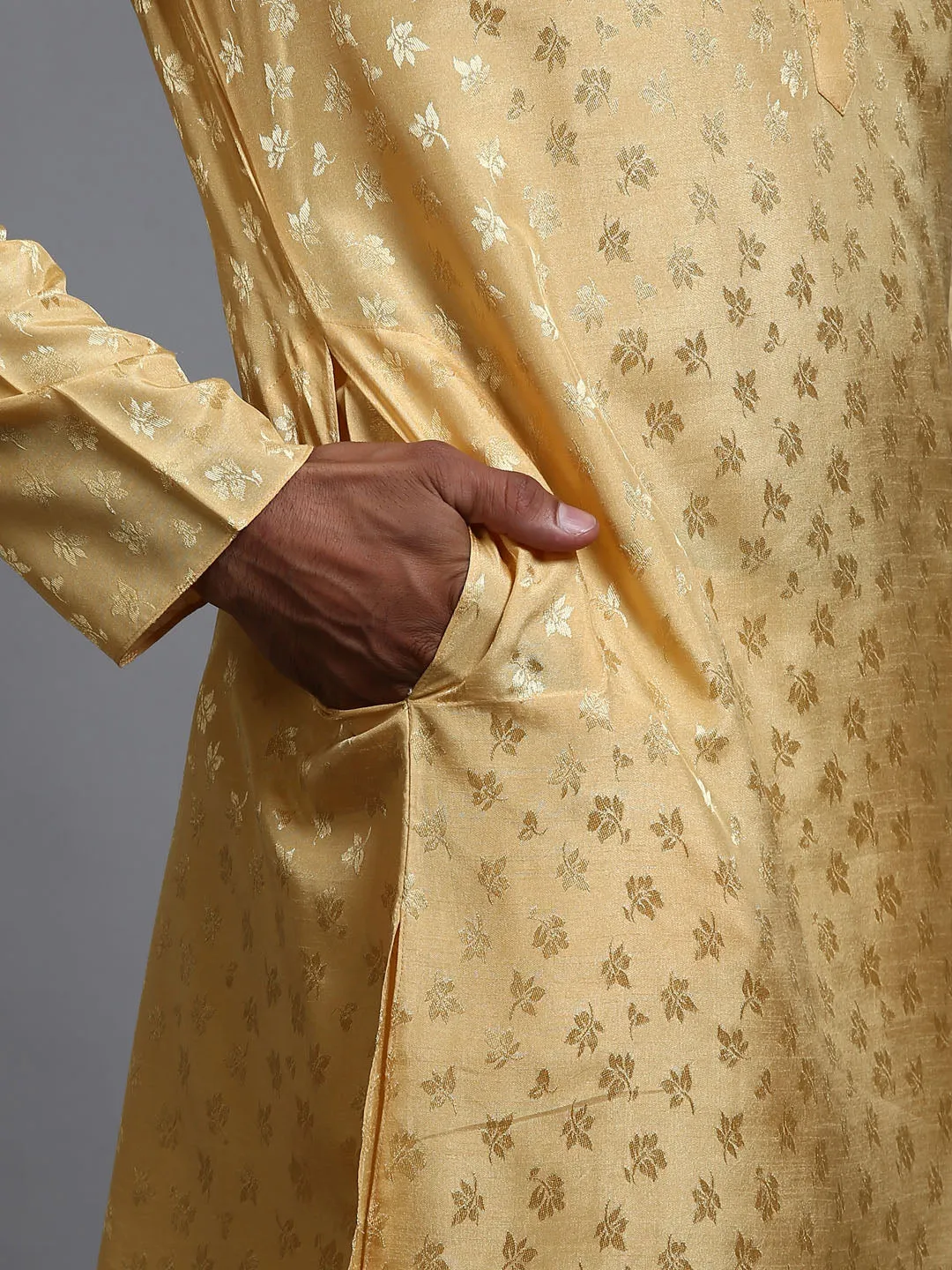 VASTRAMAY Men's Yellow Jacquard Kurta Set