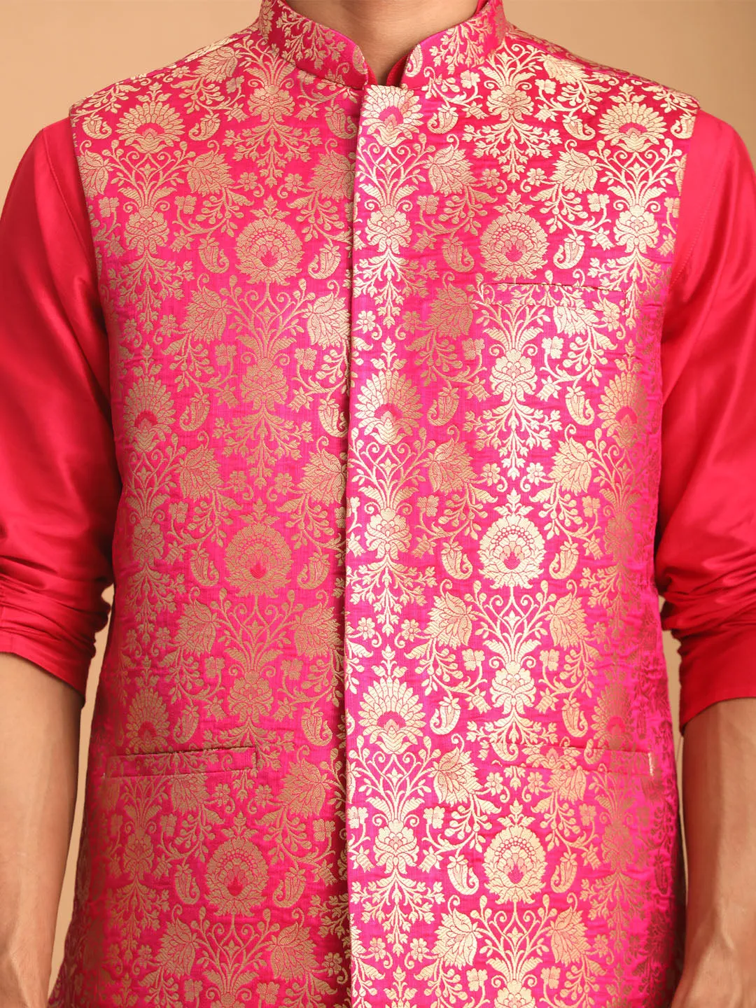 Vastramay Pink Flower Motif Nehru Jacket