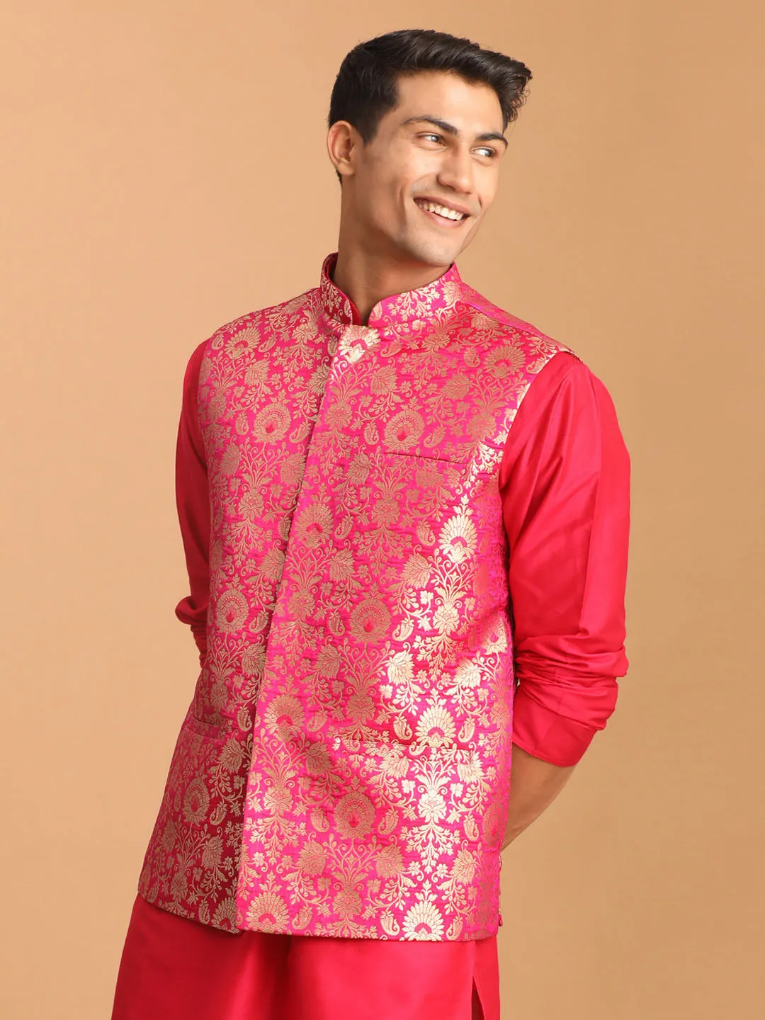Vastramay Pink Flower Motif Nehru Jacket