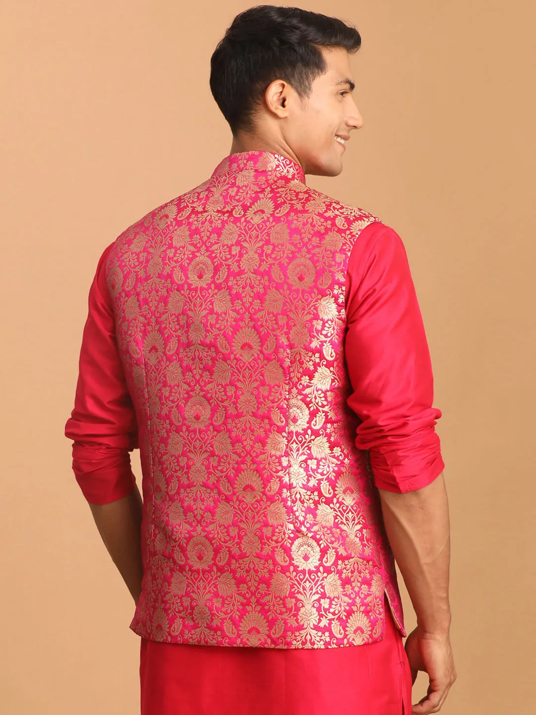 Vastramay Pink Flower Motif Nehru Jacket