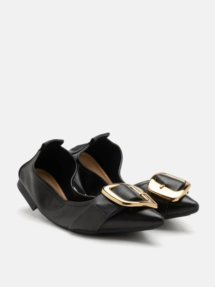 Vivienne Gold Buckled Pointed-Toe Flats