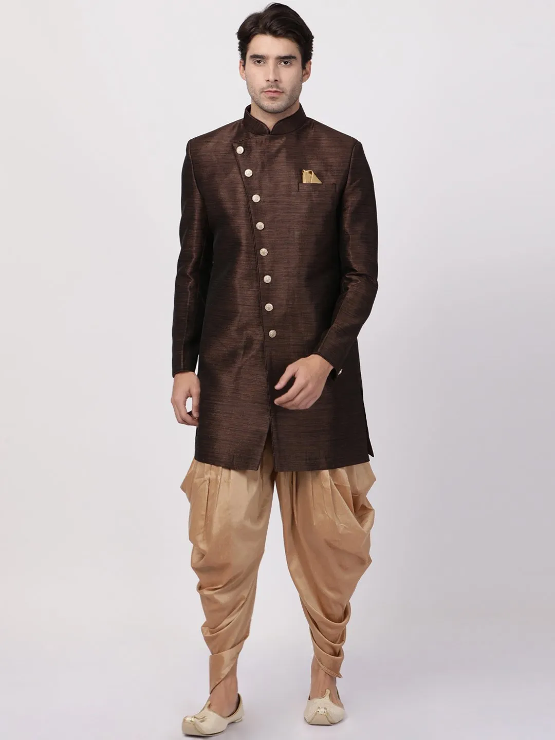 VM By VASTRAMAY Men's Brown Silk Blend Sherwani Set