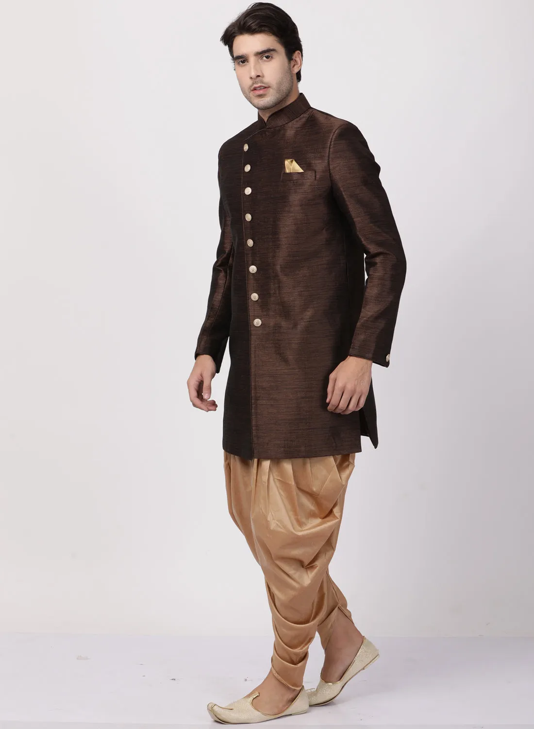 VM By VASTRAMAY Men's Brown Silk Blend Sherwani Set